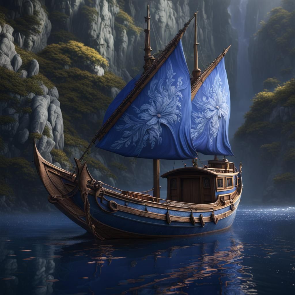 A boat with sails embroidered with blue gentians  by @Gentiane Bleue