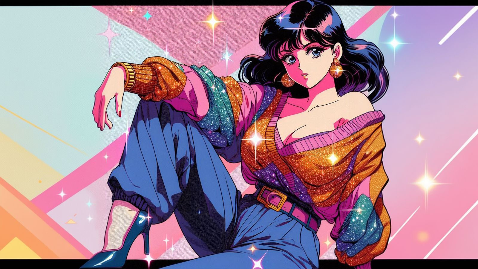 a 1980s anime style image of a woman fashion model drawn in ...