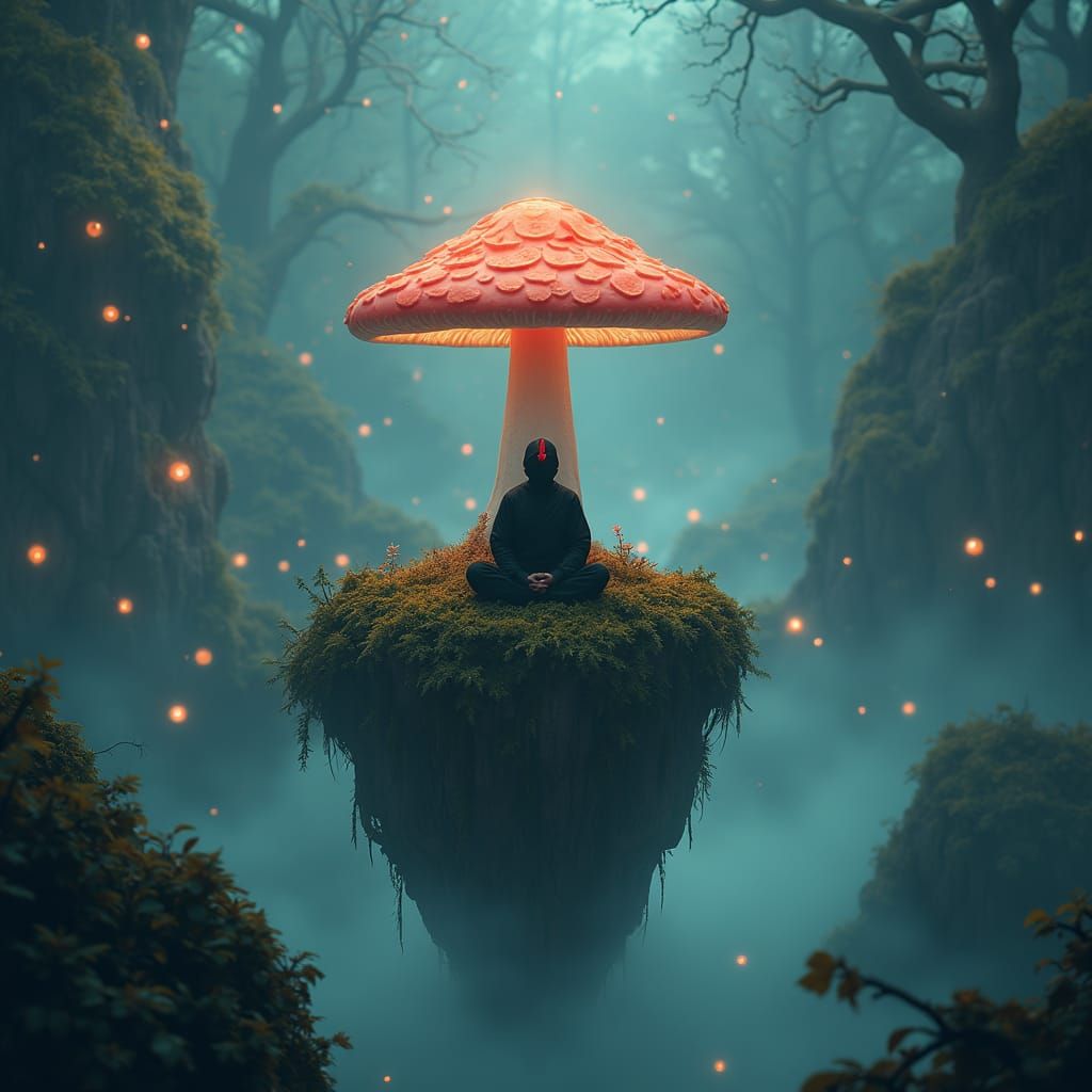 Imagine a lone ninja chicken perched atop a floating, bioluminescent mushroom island in a hidden realm. The island is surrounded by swirling...