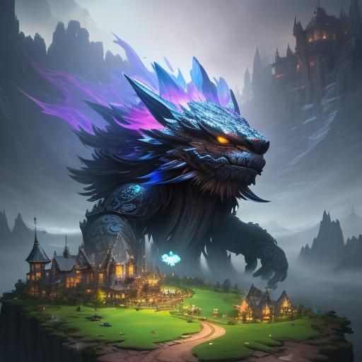 Stonezilla raiding village - AI Generated Artwork - NightCafe Creator