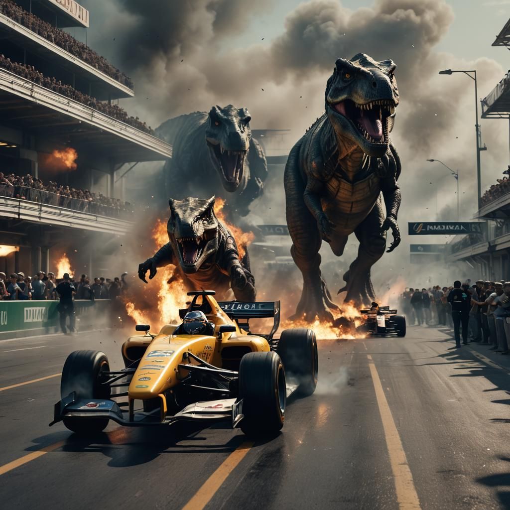 T-rex rampage at formula1! 🏎🔥🦖 - AI Generated Artwork - NightCafe Creator