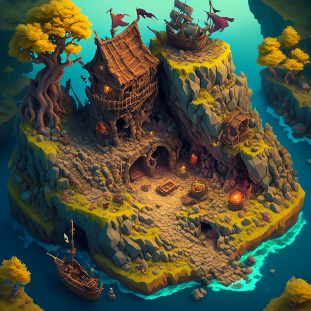  <lora:IsometricView:1.0> isometric view of a pirate hideout, sinister coloring
