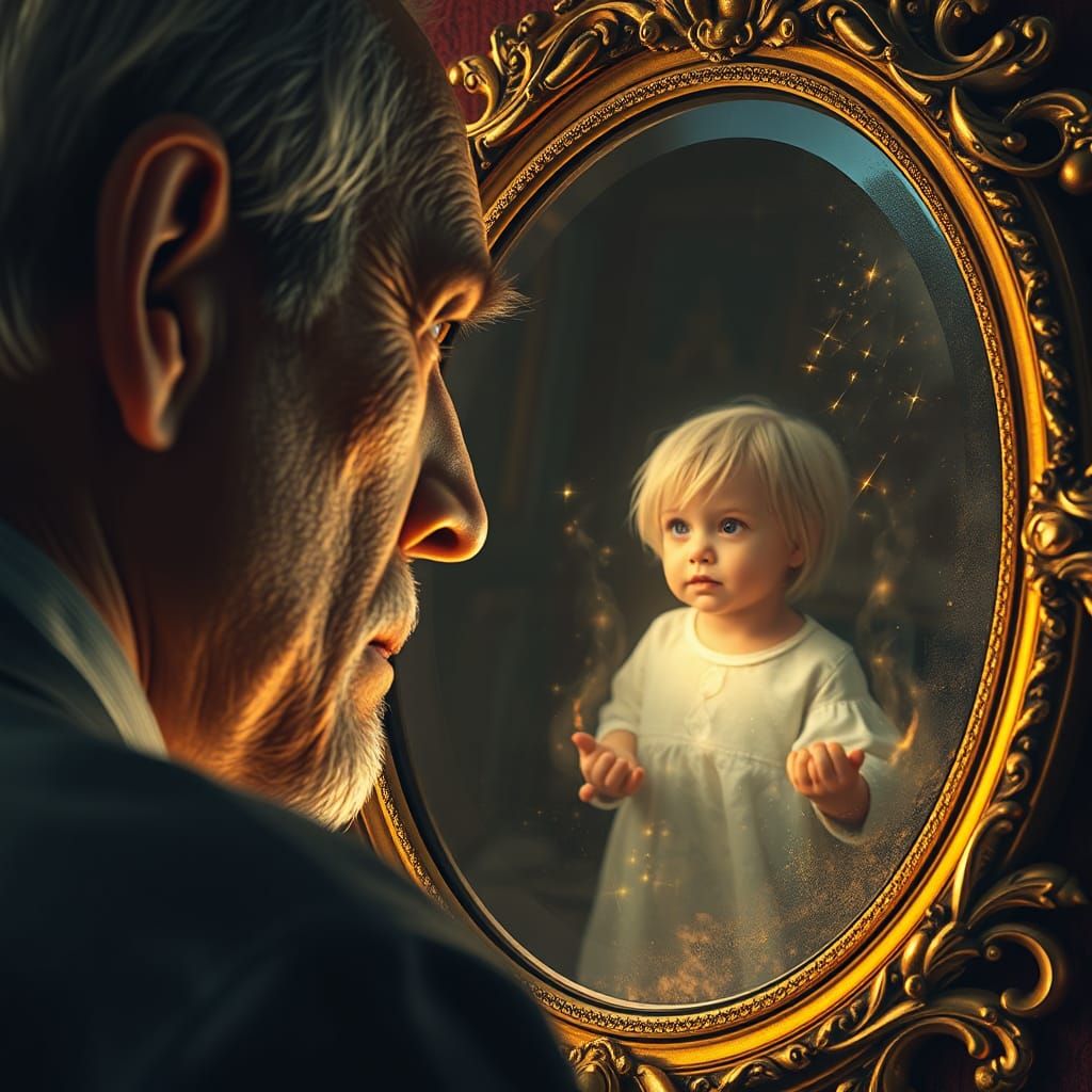 Man and Child Reflection in Ornate Mirror