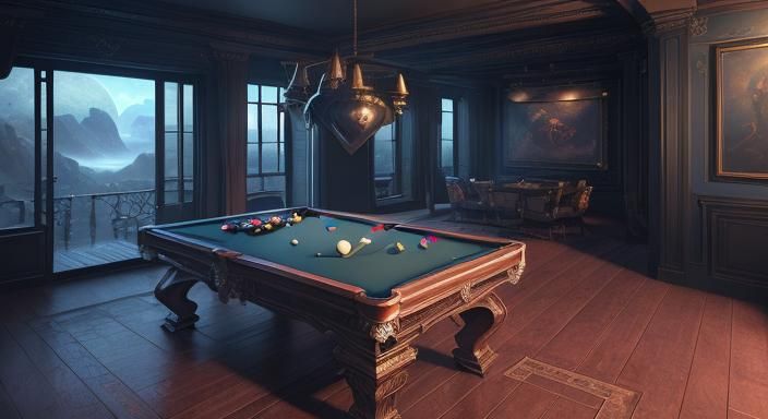 A seedy billiard room with a view of the surface of the plan...