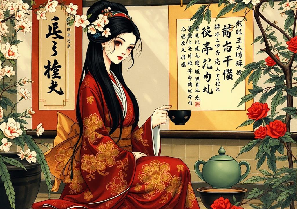 Geisha in Edo Garden, Art Nouveau Style