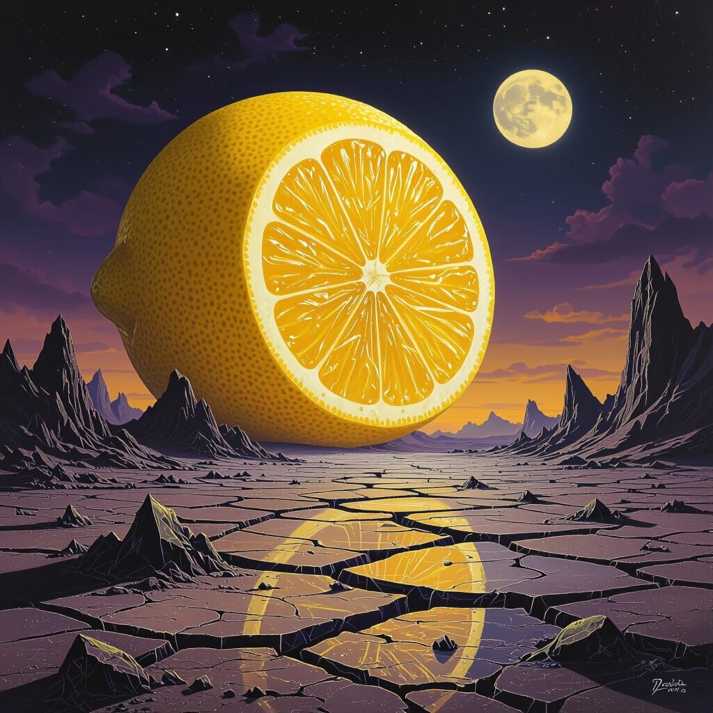 A colossal lemon towering over a desolate, alien landscape