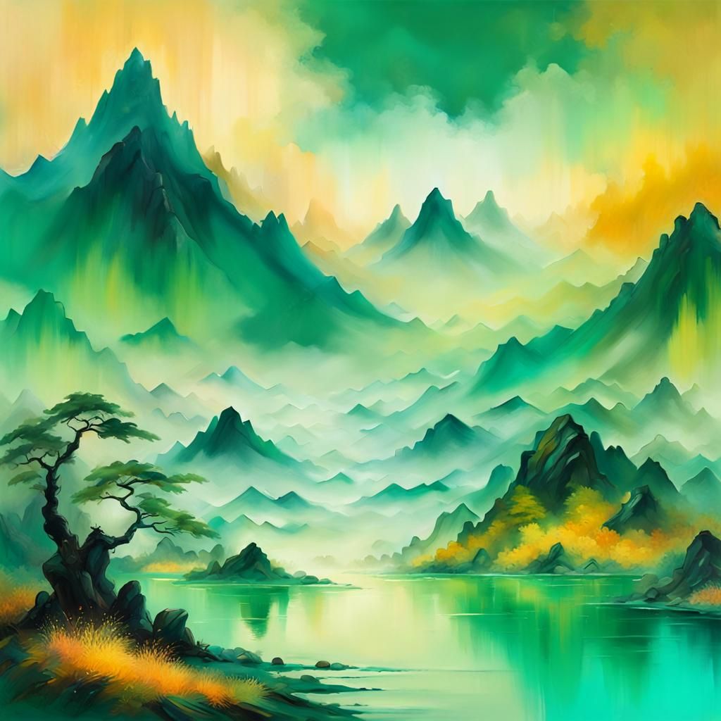 surreal landscape where geometric patterns and abstract shapes melt each other