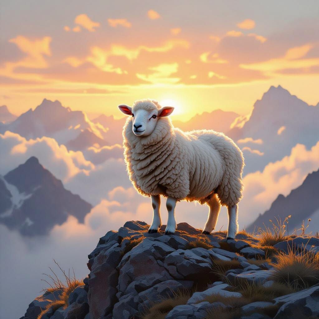 Majestic Lamb on Mountain in Bierstadt Style