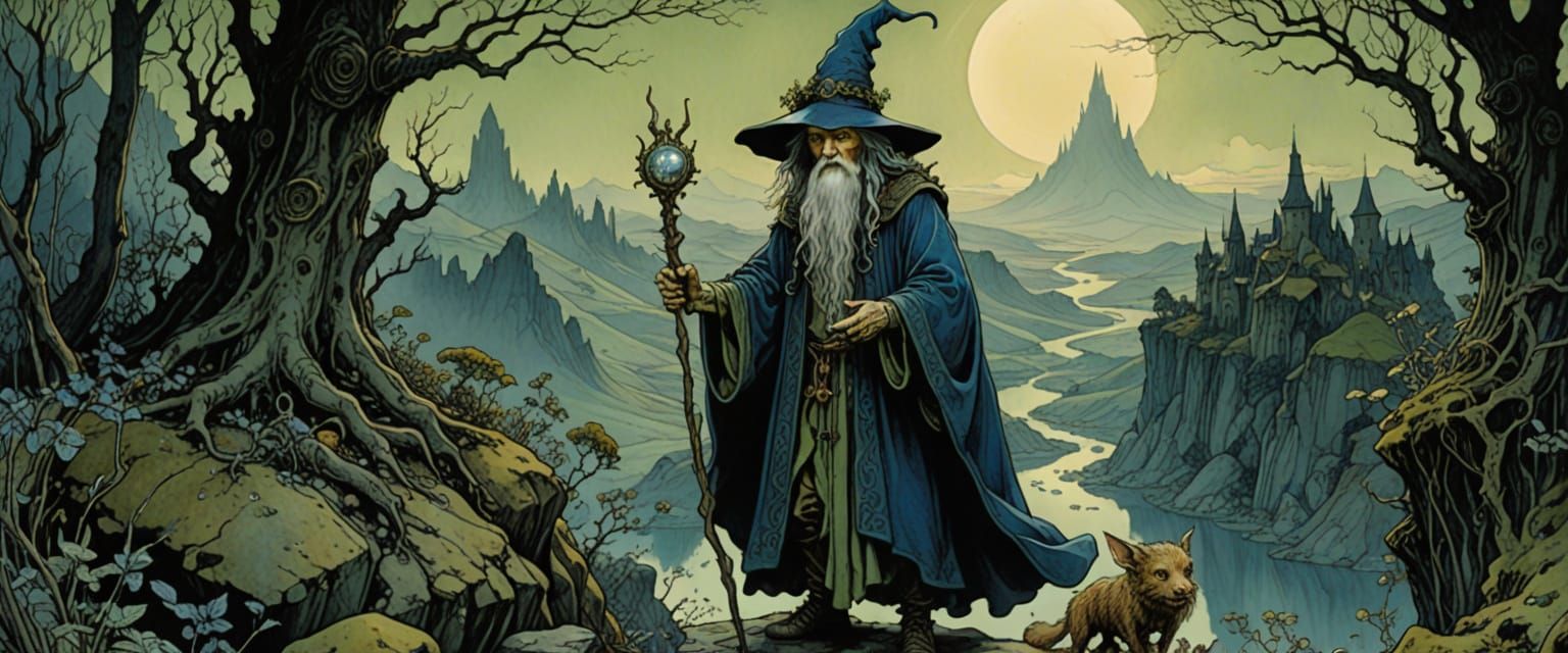 The Wizard by Arthur Rackham, sunlight, bright, flowers, eerie mysterious lighting, glowing, luminescent, holographic, bright, volumetric li...