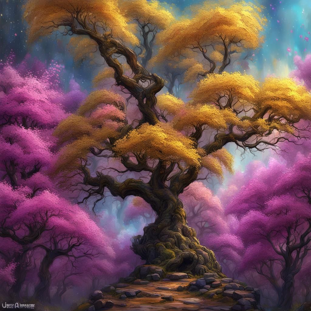 Eastern redbud; gold flecks; Speedpaint with large brush str...