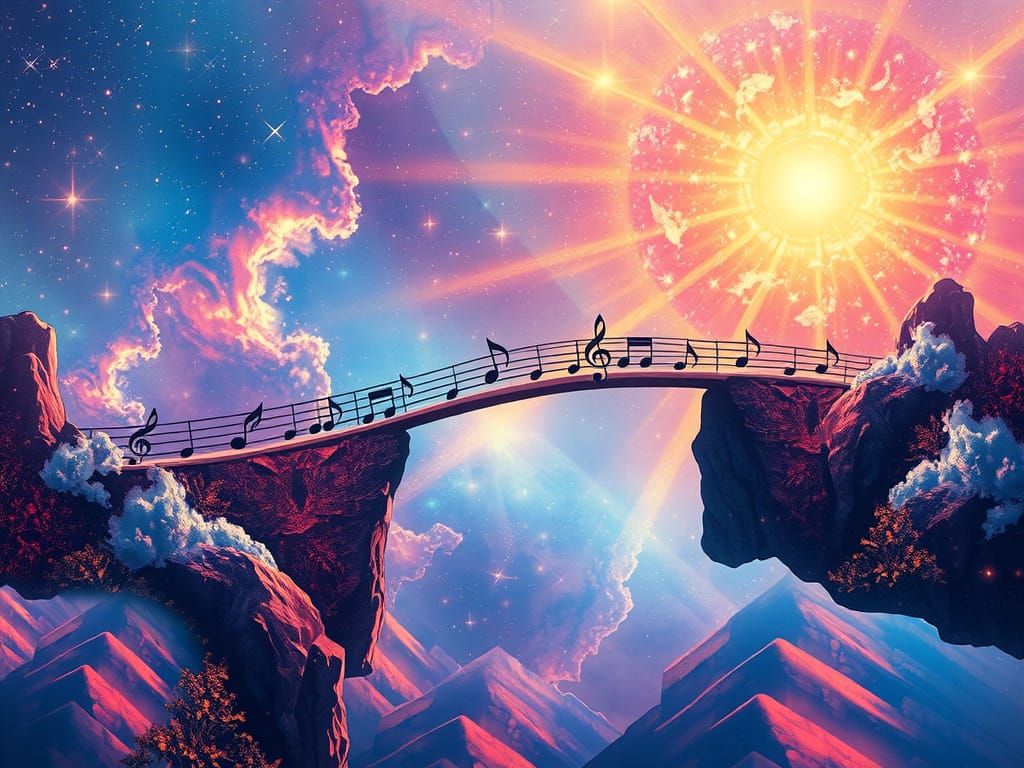 Imagine a bridge made of musical notes spanning across a cosmic landscape, connecting two celestial gossamer-like ...  by @MarthaIG