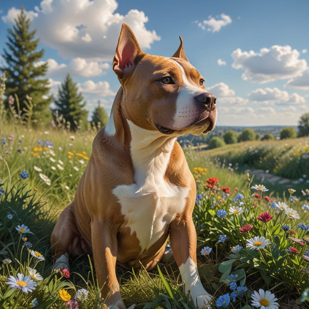 american pit bull terrier sunning in the grass.    by @OldLarr
