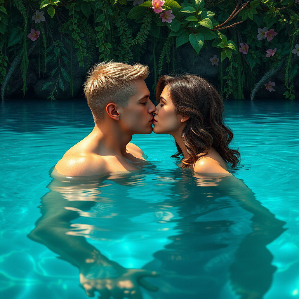 A handsome, chiseled blonde-haired man with piercing eyes and a strong jawline is about to kiss a stunning brunette woman with luscious, wav...