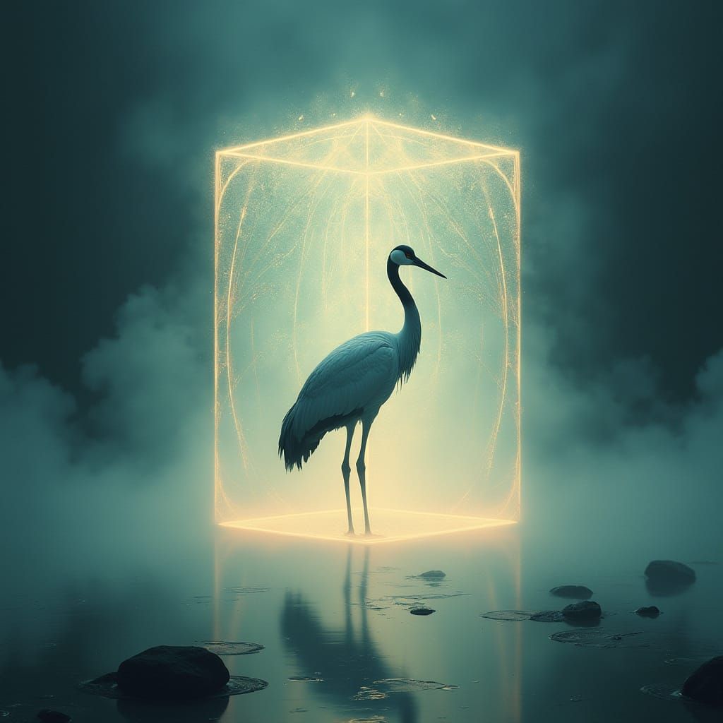 Mystical Crane in Glowing Cube