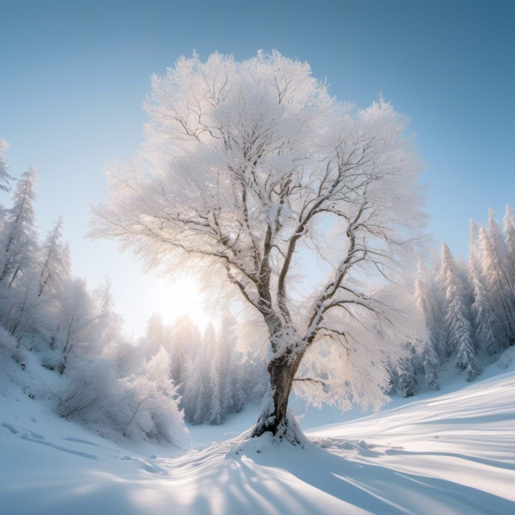 a serene winter landscape with a snow-covered tree standing tall in a frozen