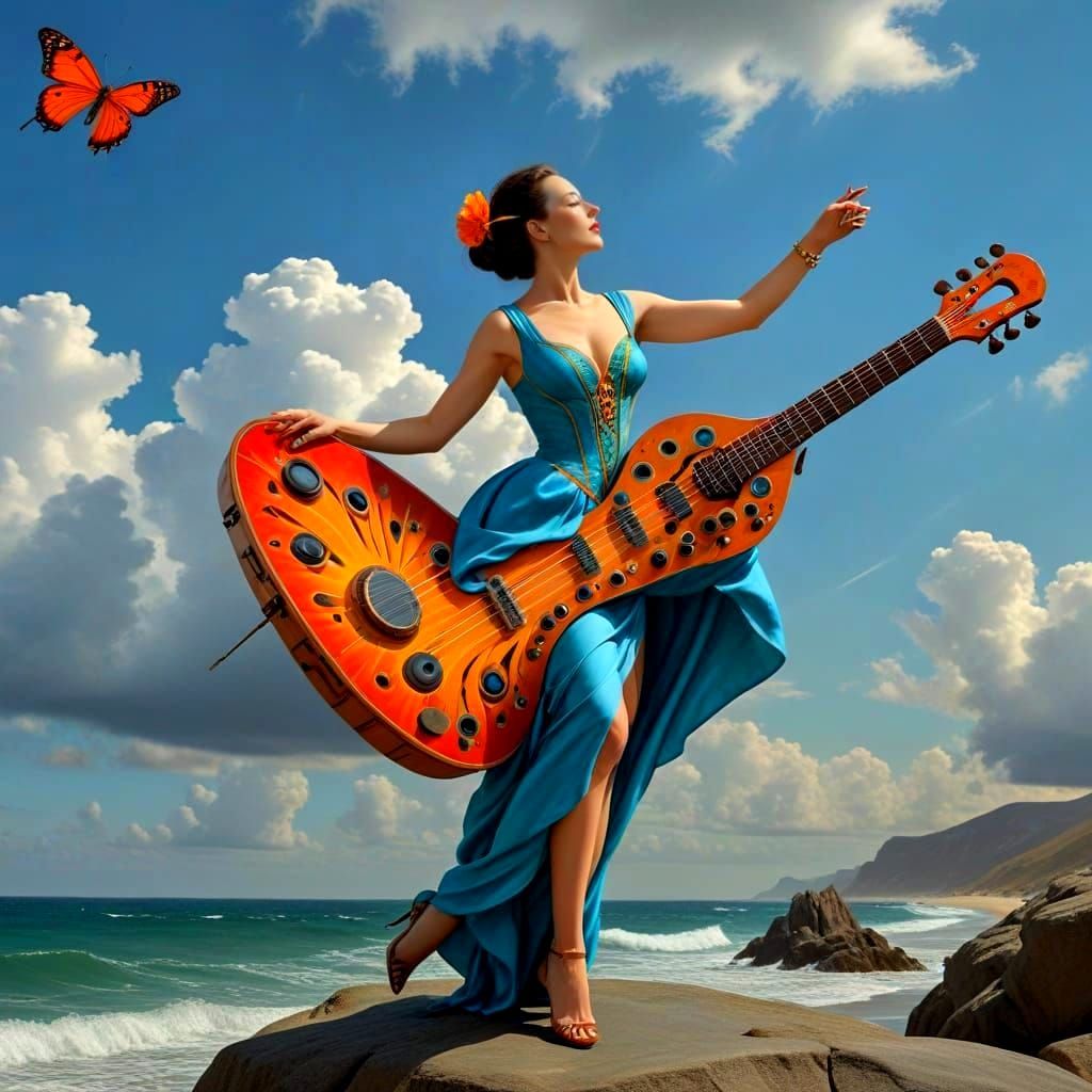Happy Lady with Chimeric Instrument in Surreal Landscape