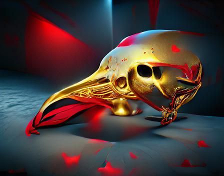 Gold Crow Skull with red background by Dennis Wojtkiewicz 8k...