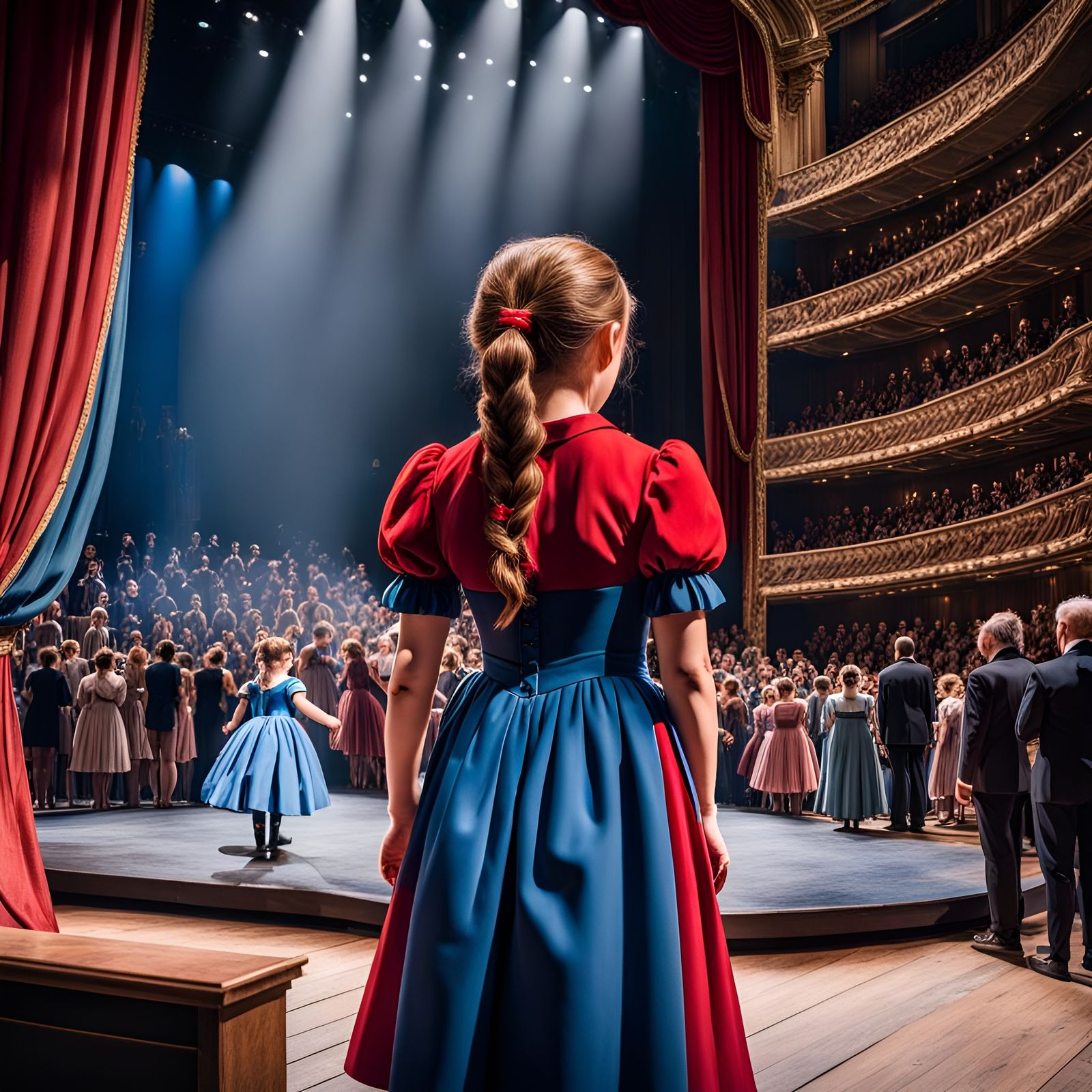 Rear view looking toward the stage of A small girl in a blue...