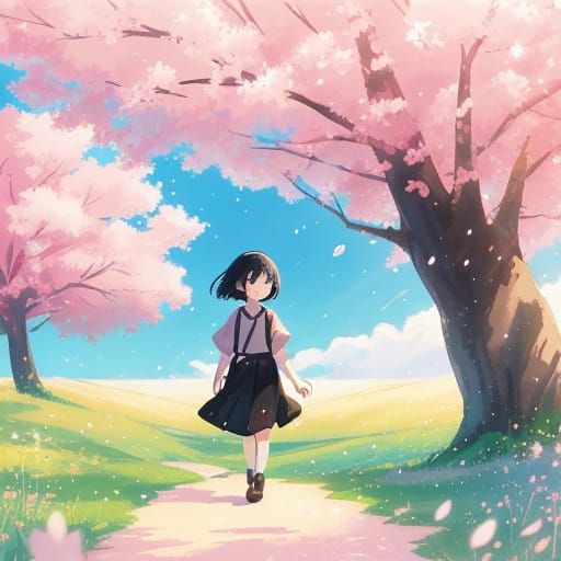 Anime Girl Walks Through Cherry Blossom Field