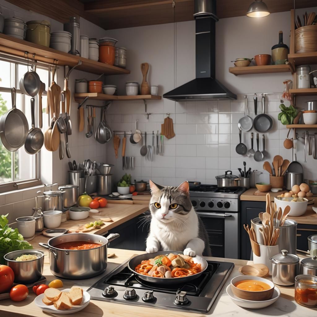 Cat cooking in a home kitchen