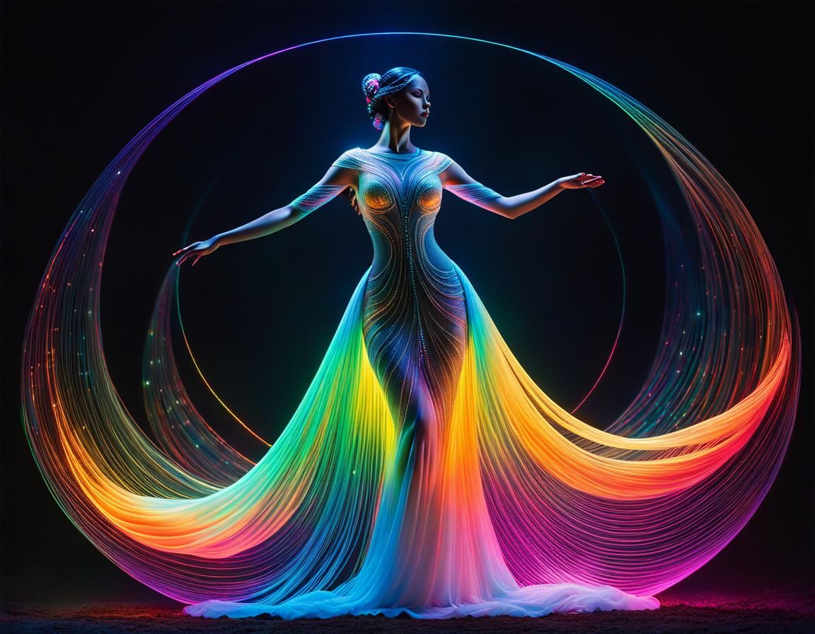 Luminous Fiber Optic Goddess in Dreamlike Landscape