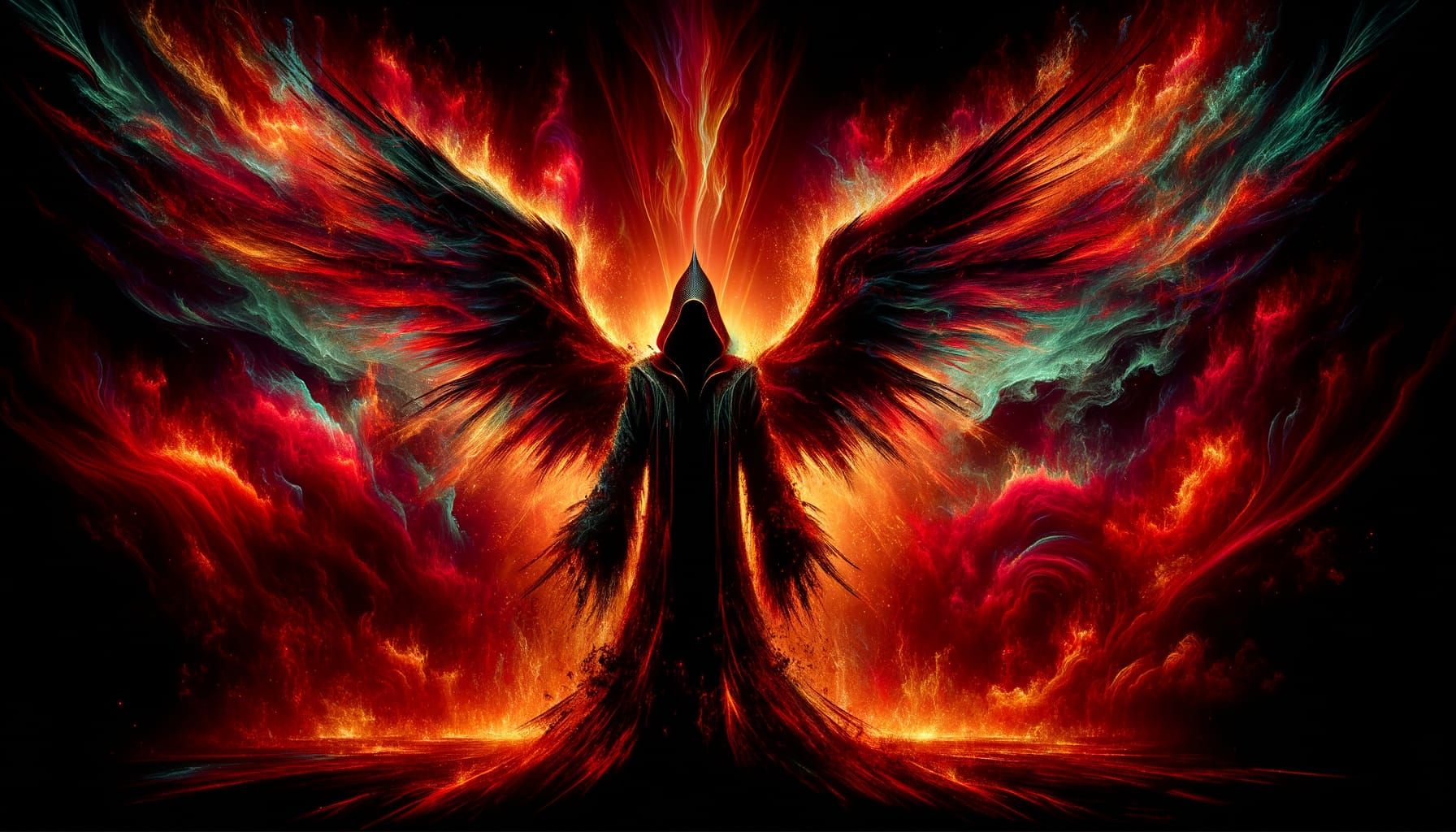 Depict the silhouette of an image of an evil winged mage shrouded in shadow, the backlight of the image is red and orange flame, make the im...