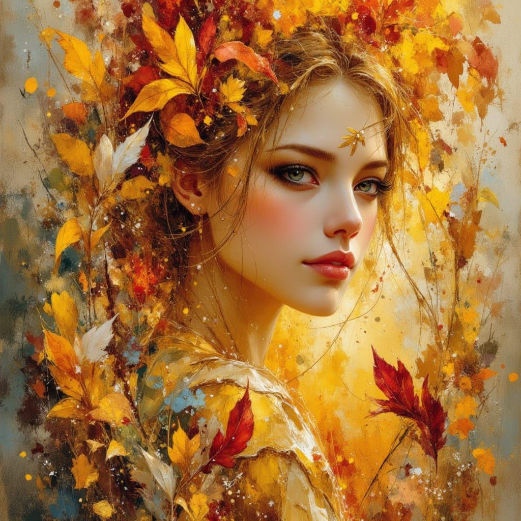 portrait mystic fire cute idyllic circle motifs gold leaf, mixed media on watercolor paper Miho Hirano WLOP looking_down dolllike fae ember-...