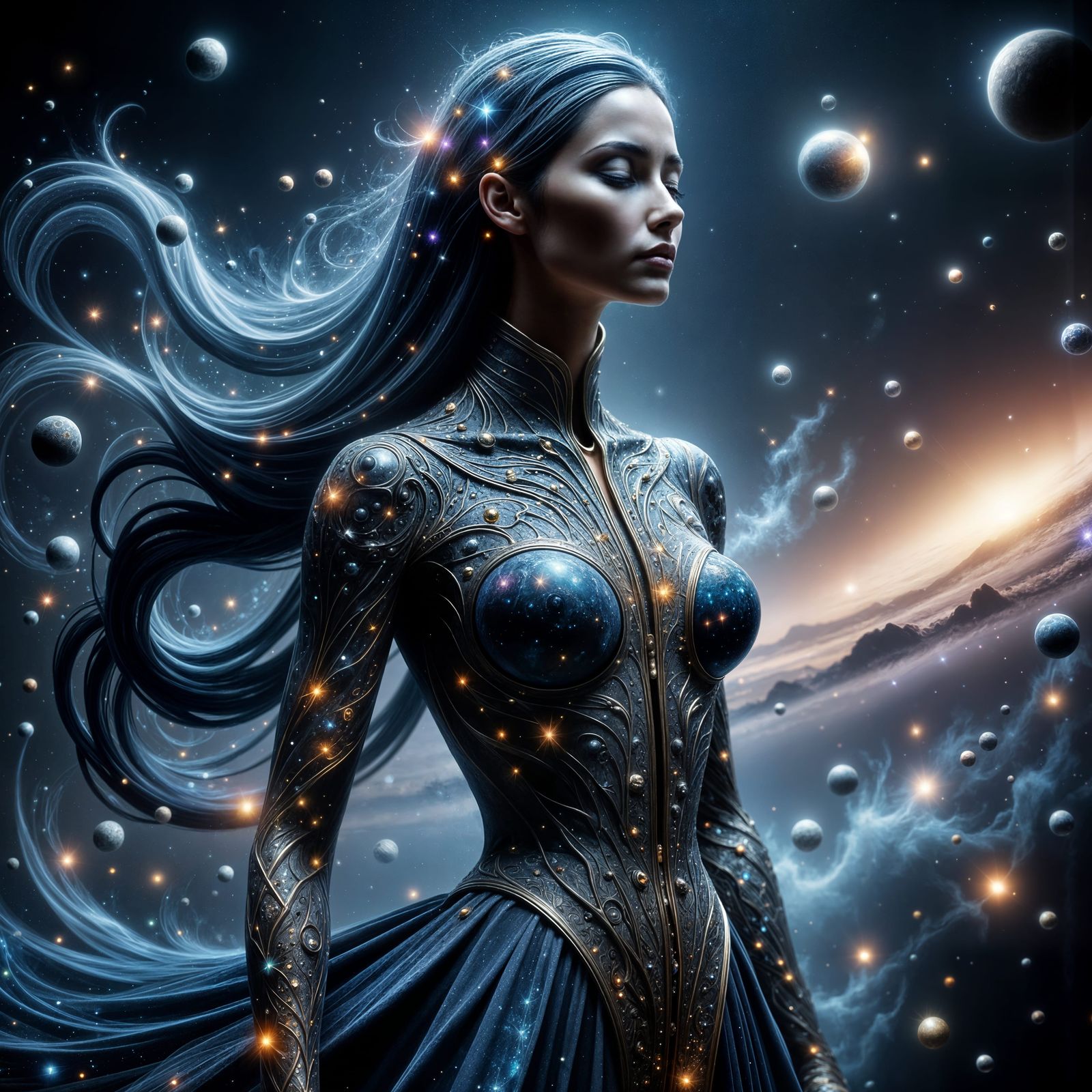 Meteorite Woman moves with a swift, celestial grace, embodying the explosive impact and cosmic authority of a meteorite,...