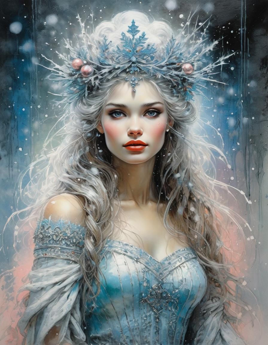 Enchanting Snow Queen in Grungy, Brush Stroke Style