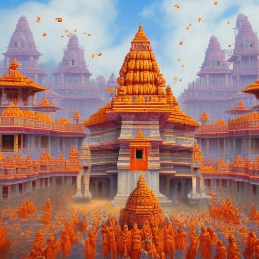 Ram Mandir Of Ayodhya With Orange Flags Flying And Millions Of Hermits brands