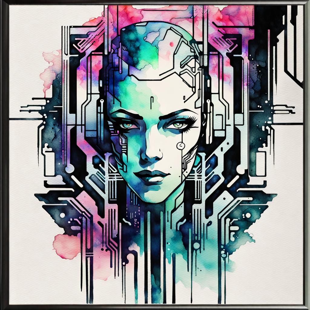 Cyberpunk Deco Watercolor Glitch