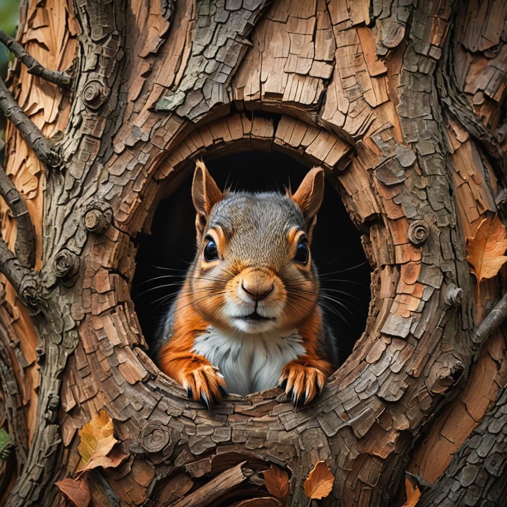 A squirrel in its house in a tree hollow