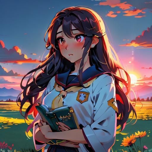 <lora:Chico Anime Style:1.0> A young girl with large, expressive eyes and flowing hair, standing in a meadow filled with colorful flowers. S...