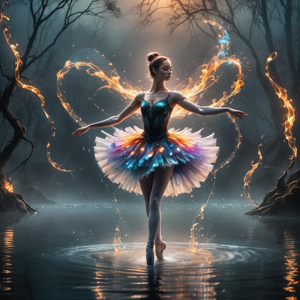 ballerina dancing  on a lake water 