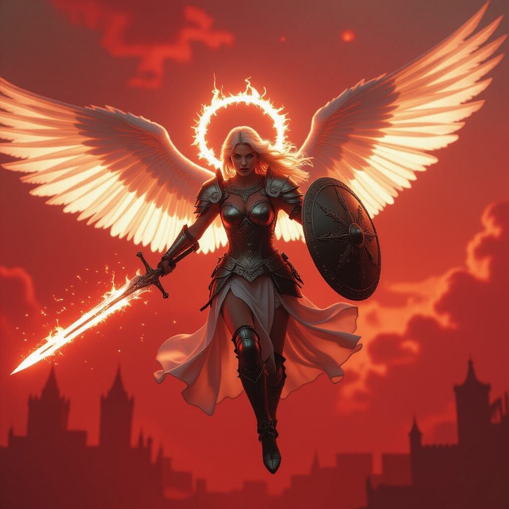 The holy angel is using her divine magic sword to sever the massive chains anchoring the floating city in Hell.  She is determined and hopef... - Start Image 2