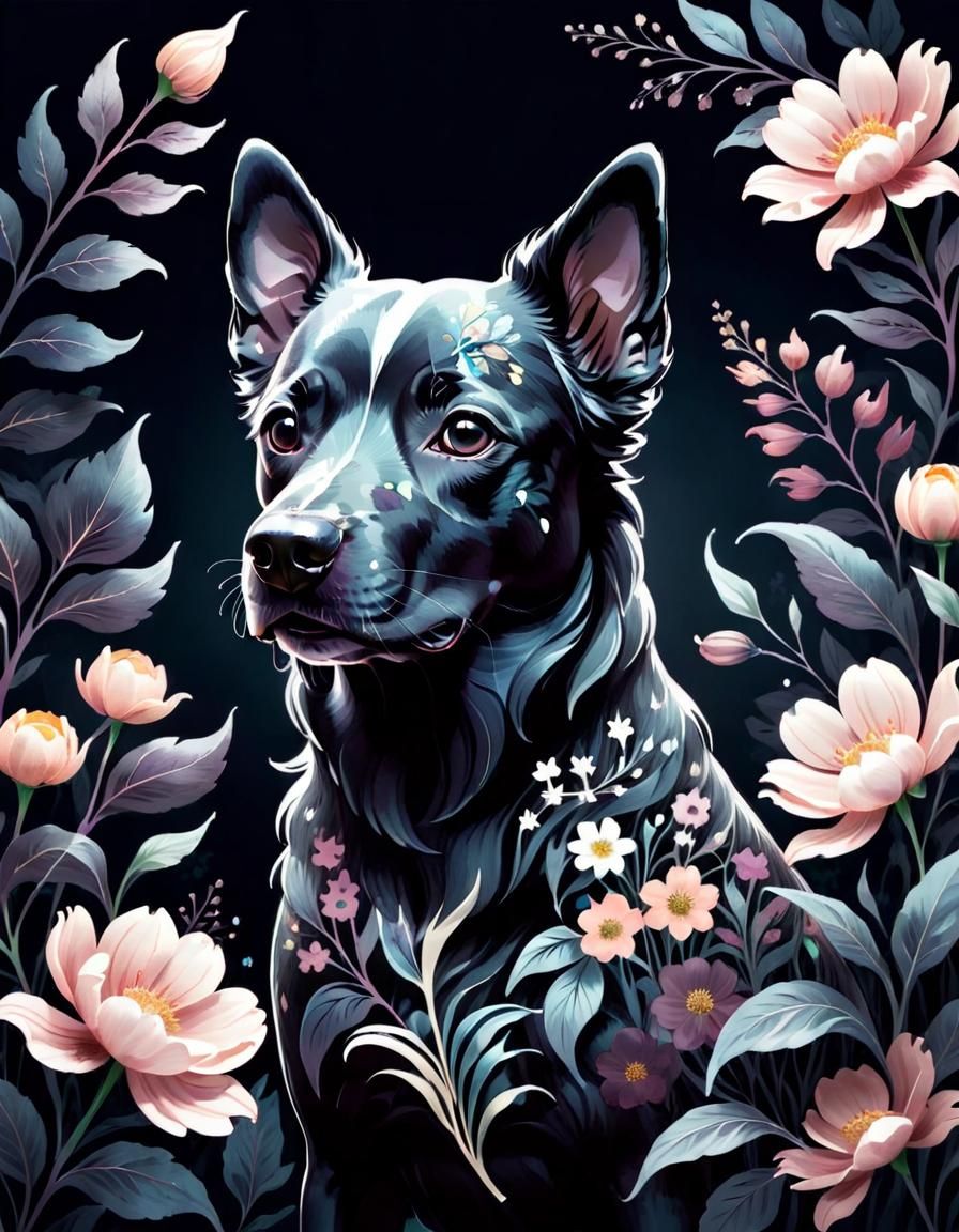 ethereal dark floral dog illustration  by @Morrighan