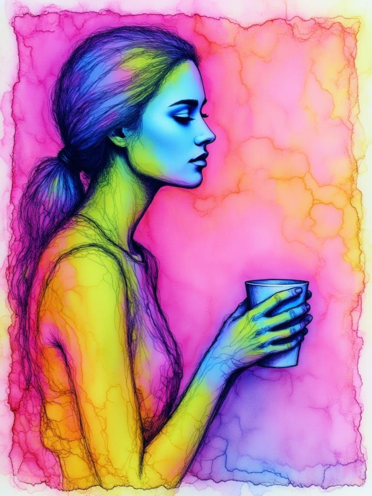 <lora:Neon Alcohol Ink:1.0> female with coffee cup, half body length, created in neon alcohol ink,
