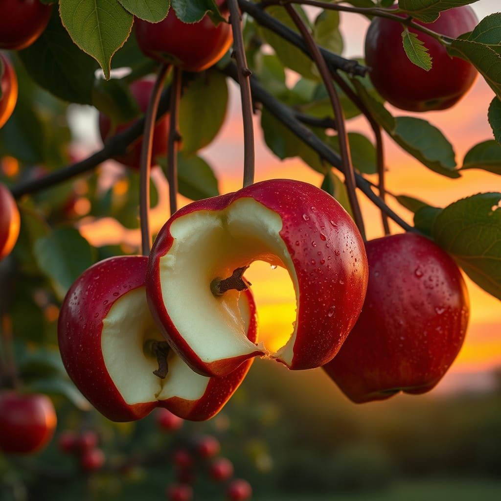 Apple tree with  apples hanging down on very long stems.  The apples are red and have a very very large human bite out of each one.The bites...