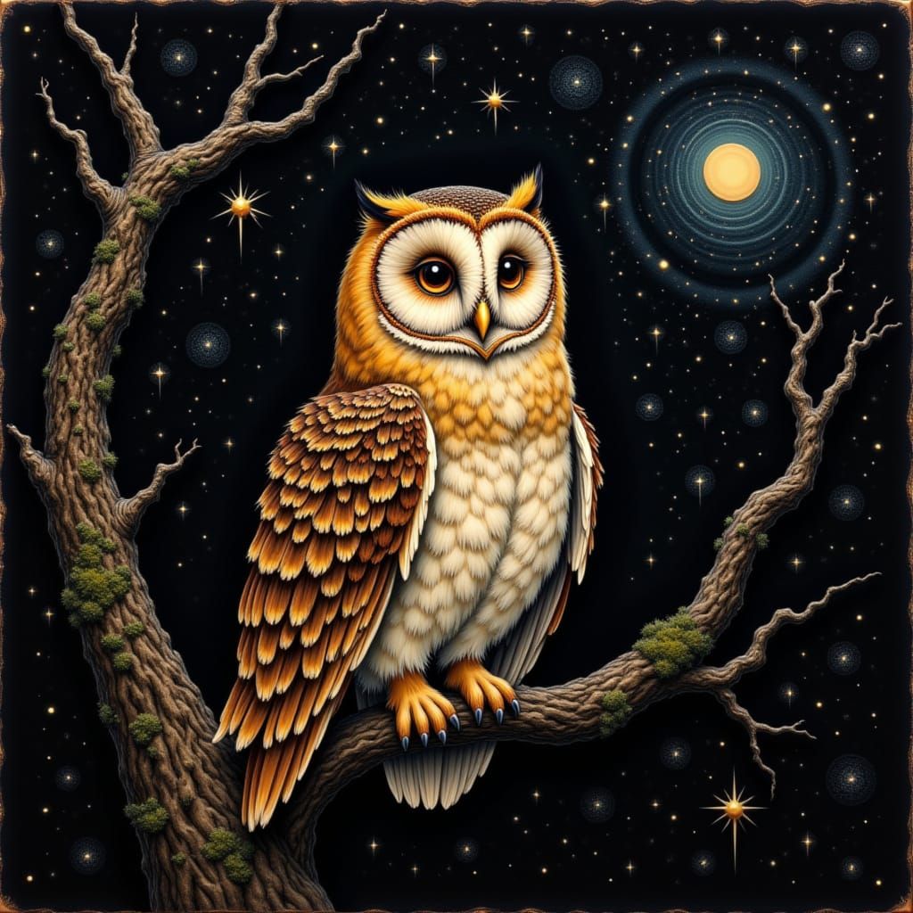 Oils on black velvet :: Beautiful Owl on tree branch, under starry sky, oil painted on black velvet, style of Edgar Leeteg, Annick Bouvattie...