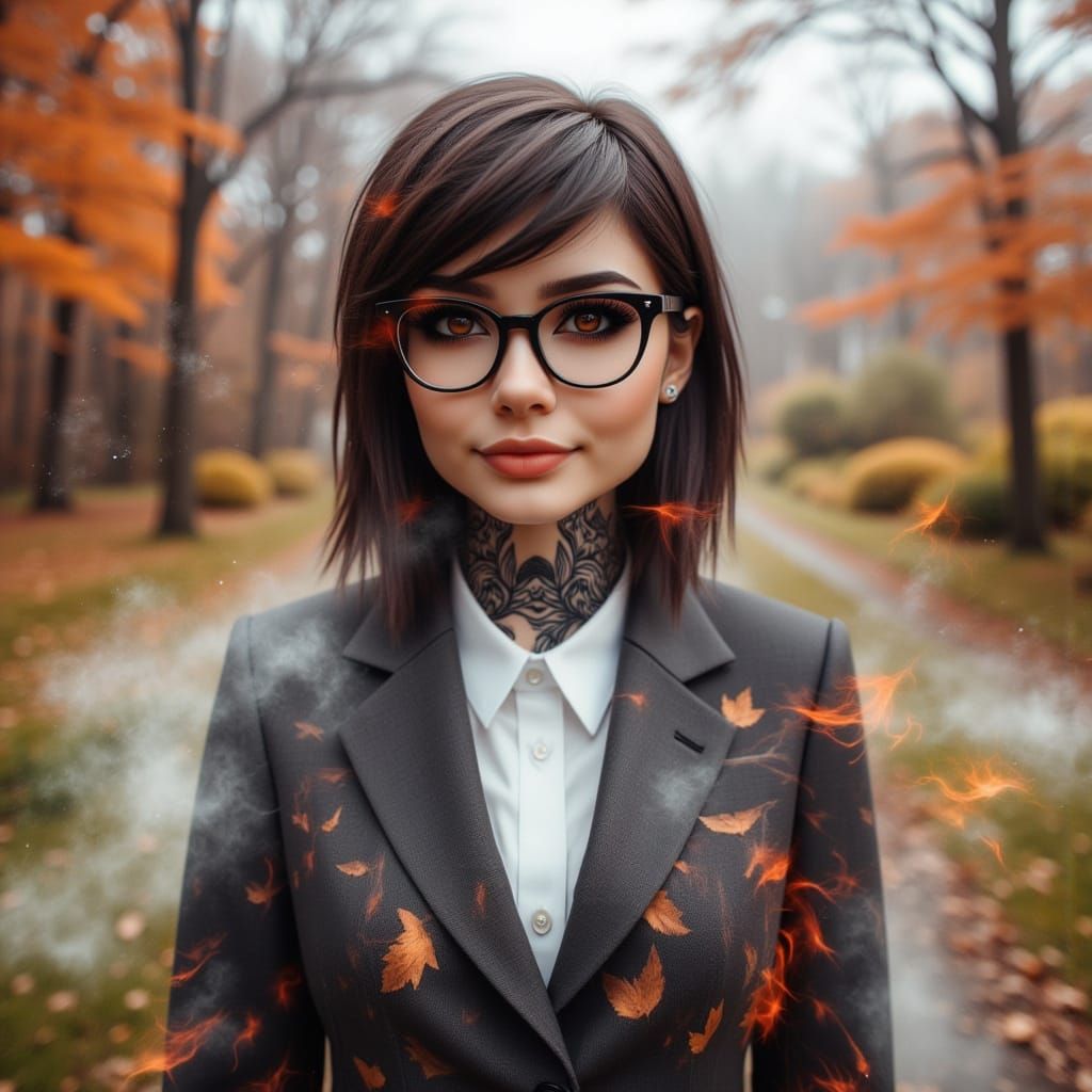 Woman in Business Suit with Autumn Landscape Double Exposure
