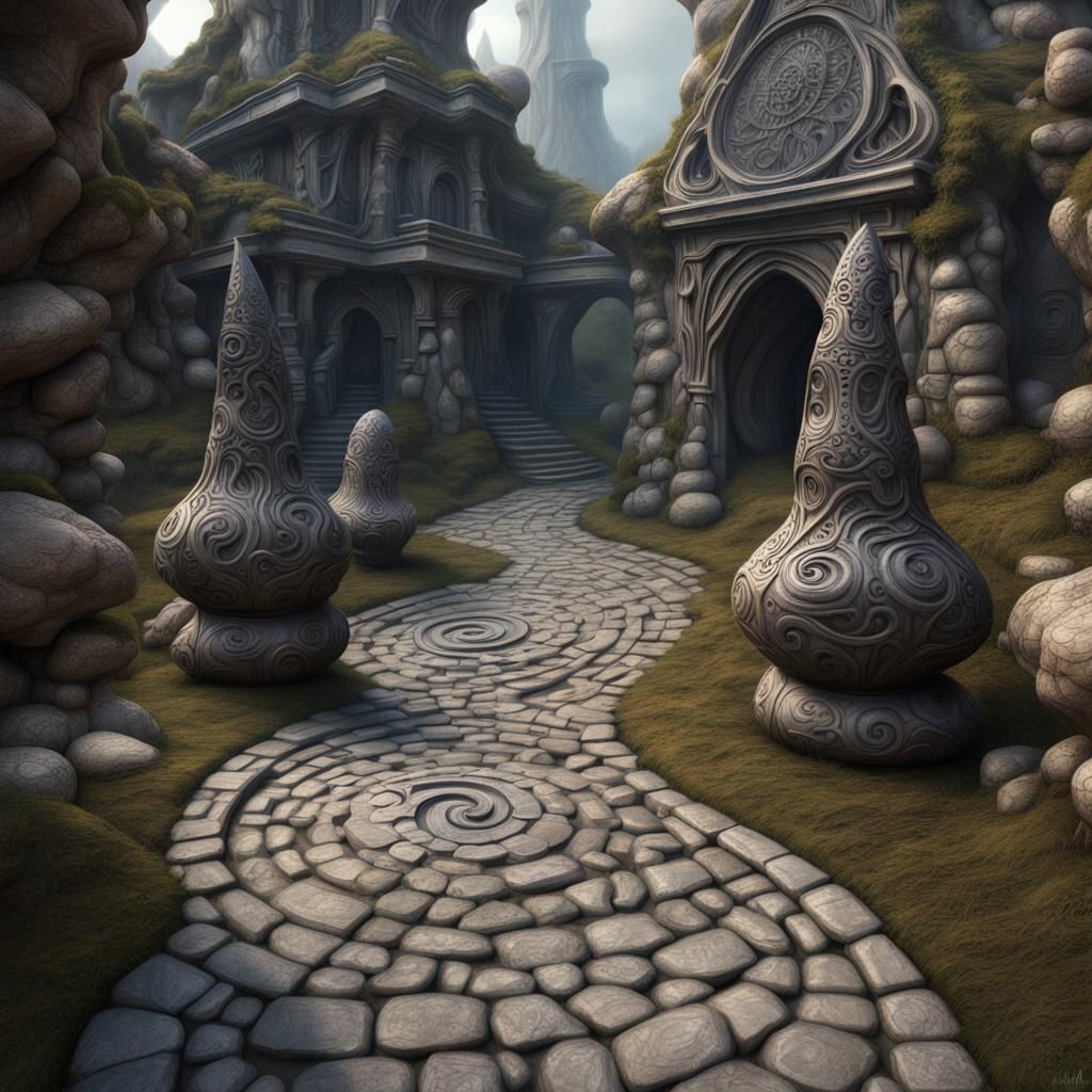 An ancient spiritual gnome inspired stone pathway rock garden.sculptured . style of alex grey/giger/brian ...  by @Dubois