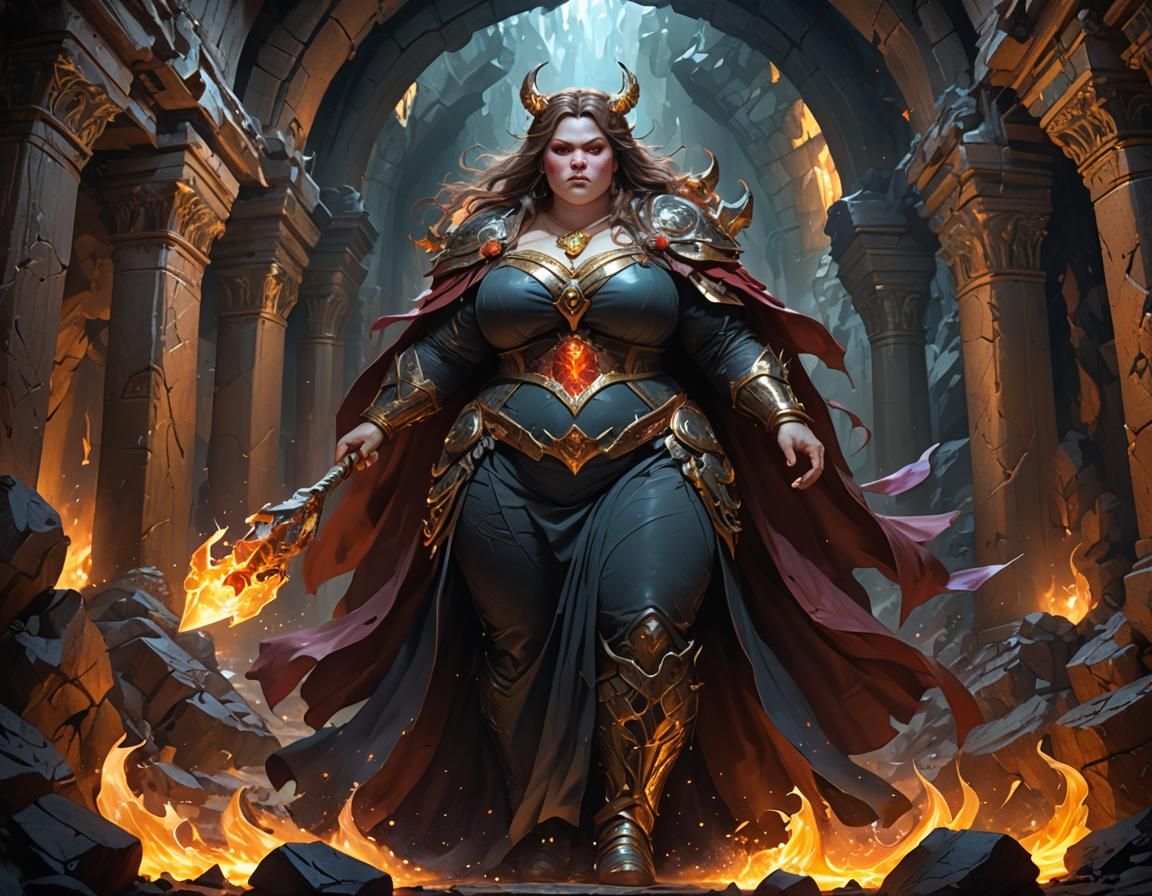 A gorgeous BBW sucubus in a hellish cavern full body view.