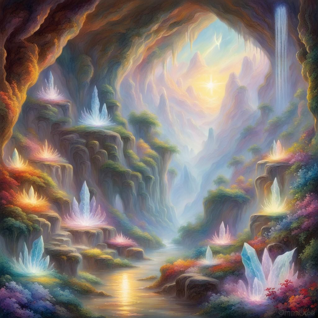 Colorful Magic Crystals in Ethereal Cave