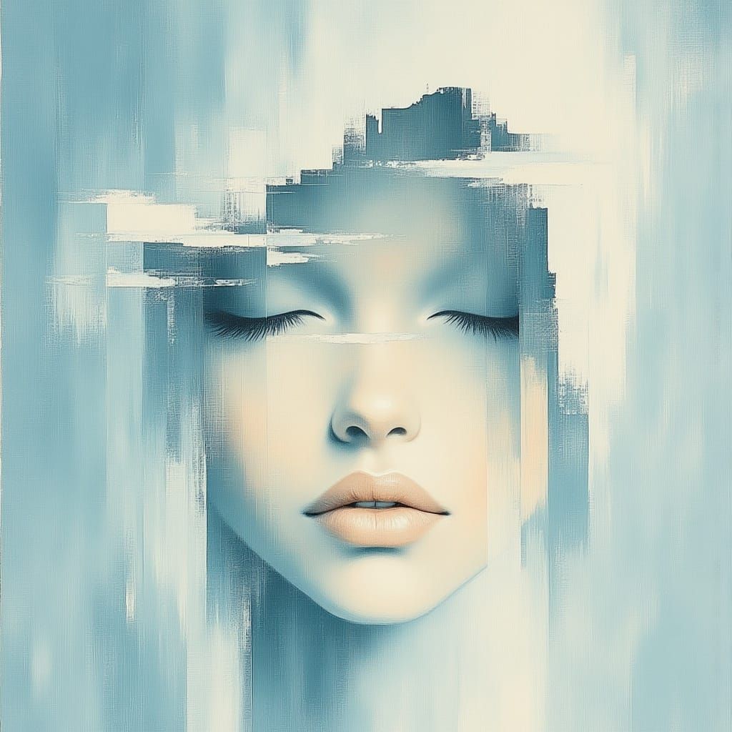 <lora:skyBlueDream:1.0> glitched oil painting, closeup portrait of a hooded woman, sky-blue white silver 