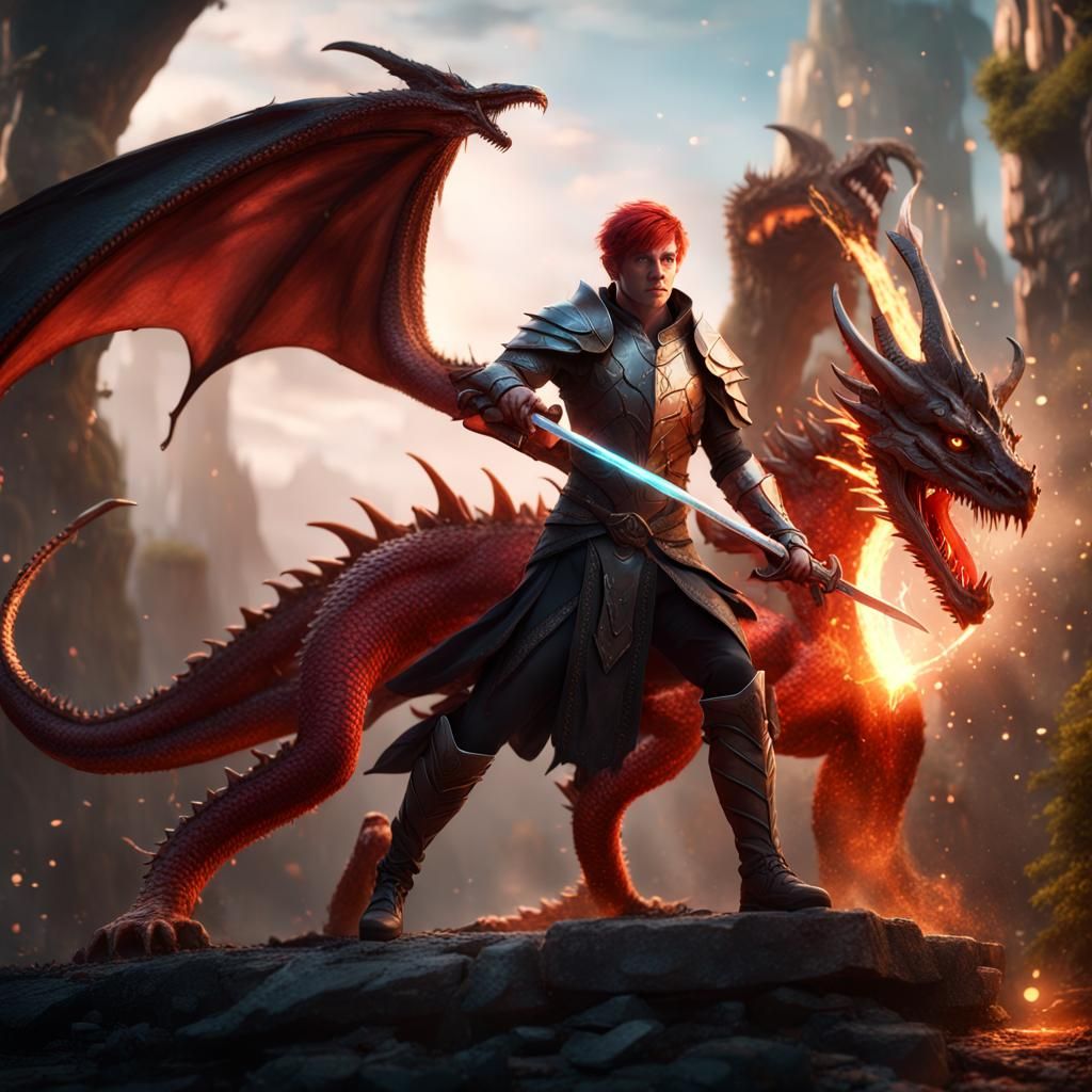 Male Elf with red hair, wearing magic leather armor, and holding a magical glowing sword, fighting a red  dragon
