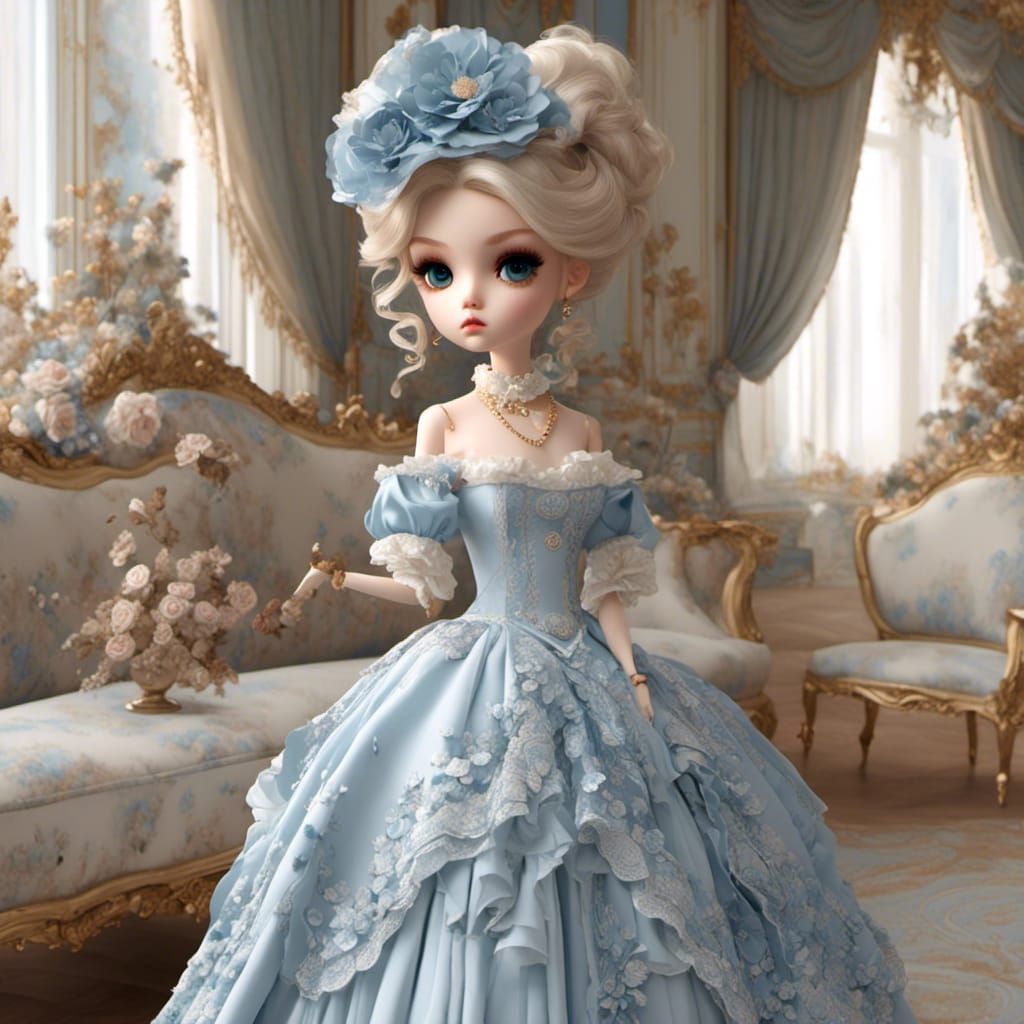 <lora:Extremely Yumi 2:1.0> Cgi-Chibi doll  refined, coquettish, glamorous in rococo style cute, with big round eyes, pretty blue l dress, r...