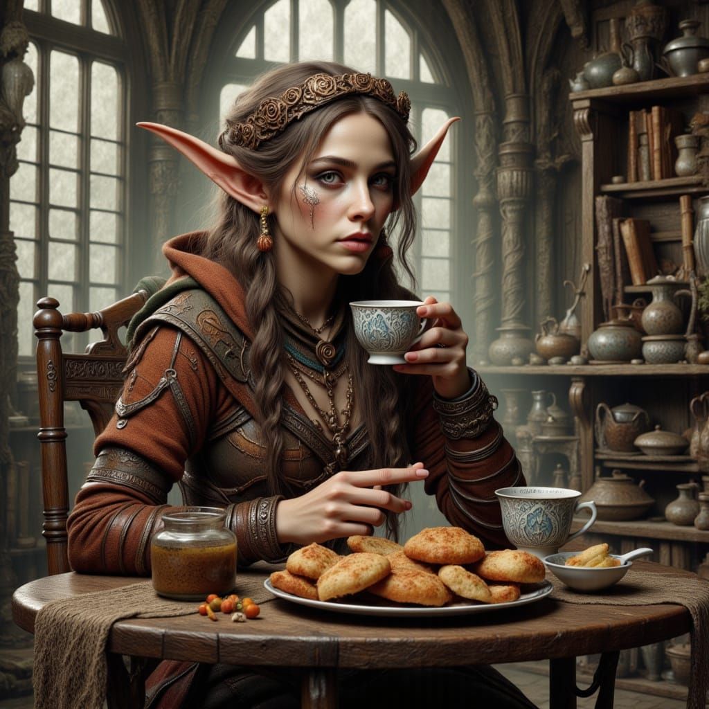 Everything stops for tea. <lora:Long Eared Elves:1.0><lora:Aftermath:1.0>