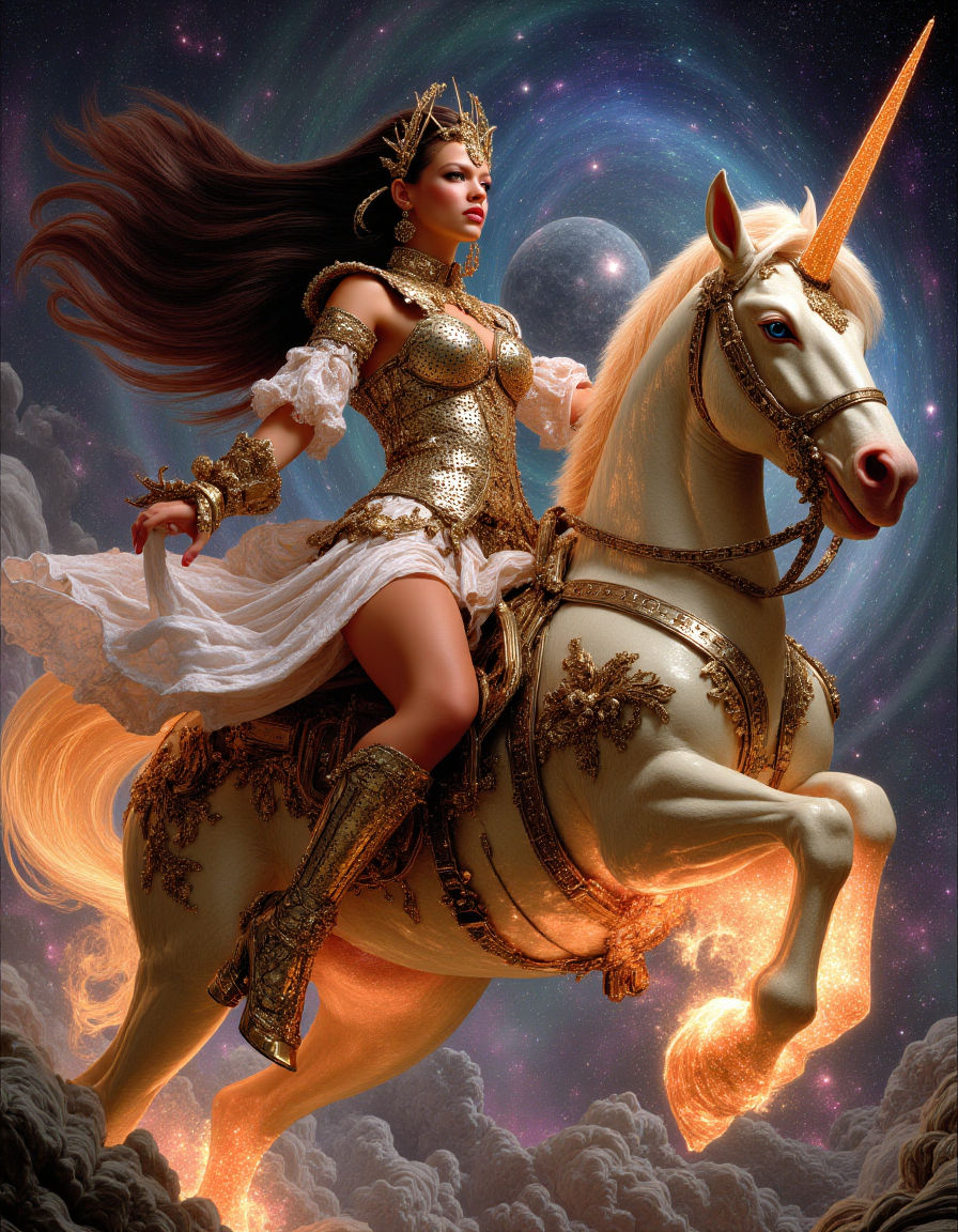 A powerful goddess riding a futuristic unicorn 99