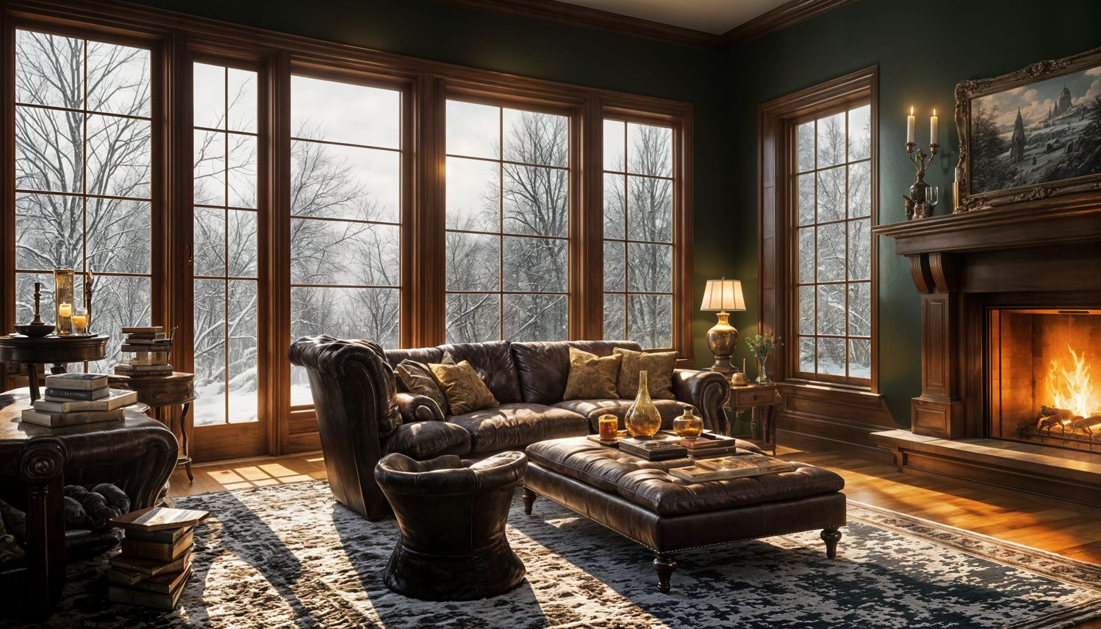 Inviting Winter Library with Fireplace