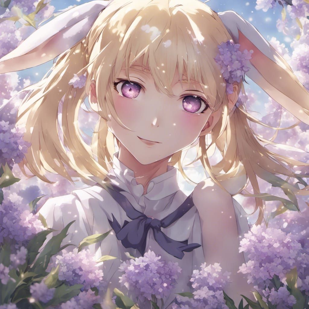 androgynous bunny-like girl with blonde hair surrounded by light purple ...